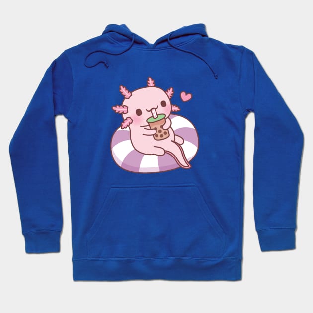 Cute Axolotl Chilling On Pool Float Drinking Boba Tea Hoodie by rustydoodle